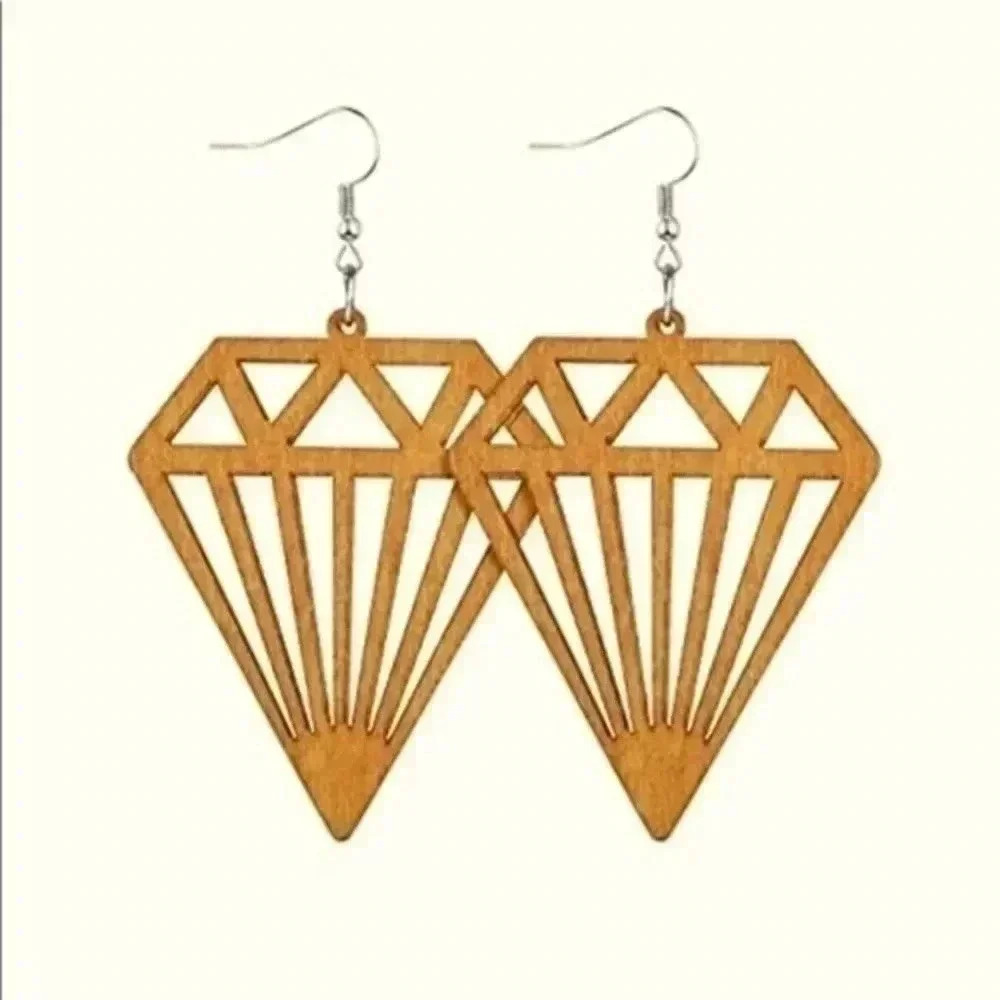 Laser Cut Classic Style Diamond Wood Wooden Drop Earrings